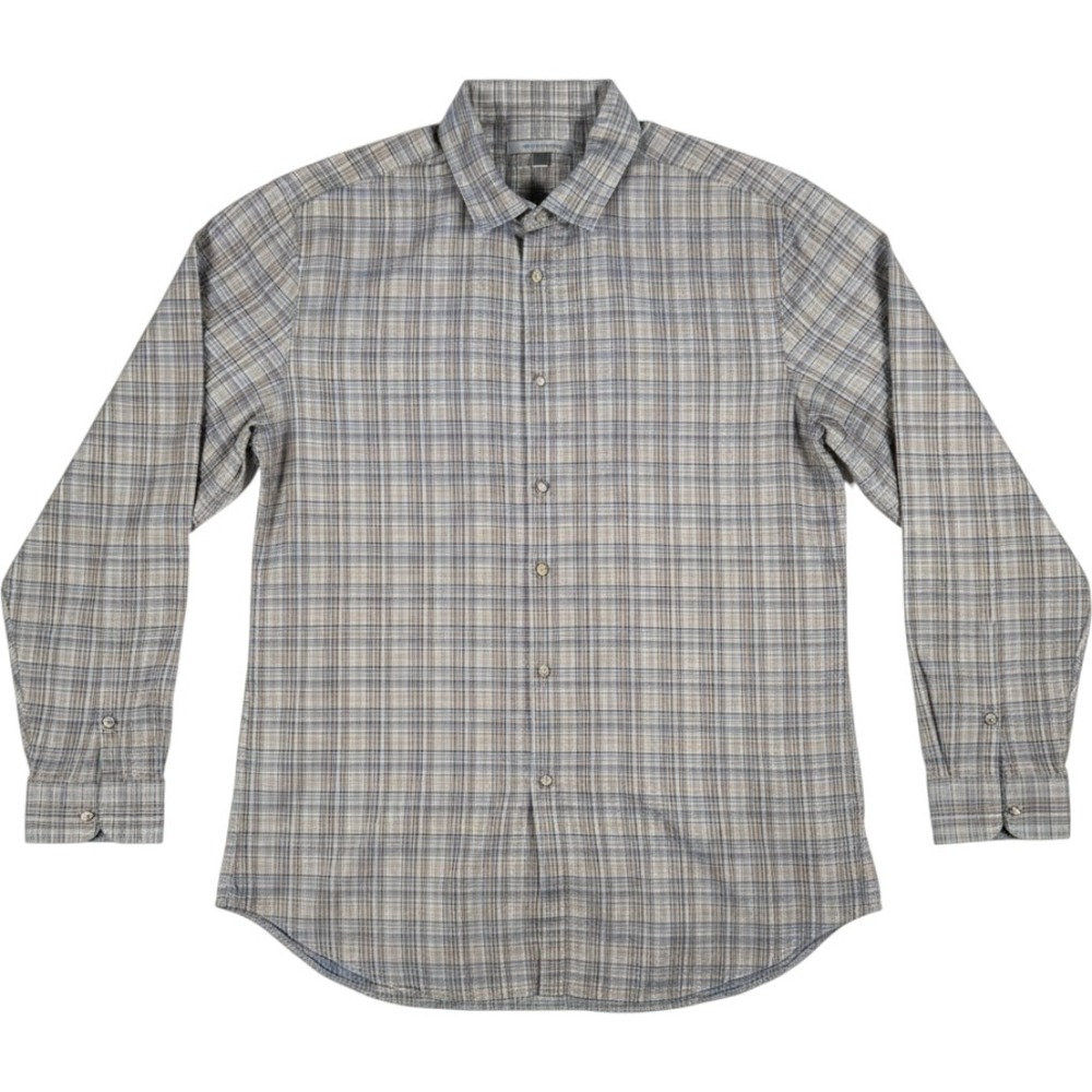 John Varvatos Mens Plaid Button Down Shirt Grey Blue Brown Long Sleeve Large